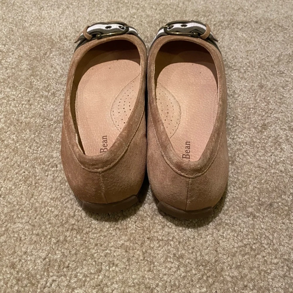 L.L. Bean Tan Flats with Brown and White Ribbon and Buckle Accents